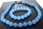 Collier perles rondes en jade bleu naturel 8/10 mm pierres précieuses bracelet boucles d'oreilles 18' AAA
