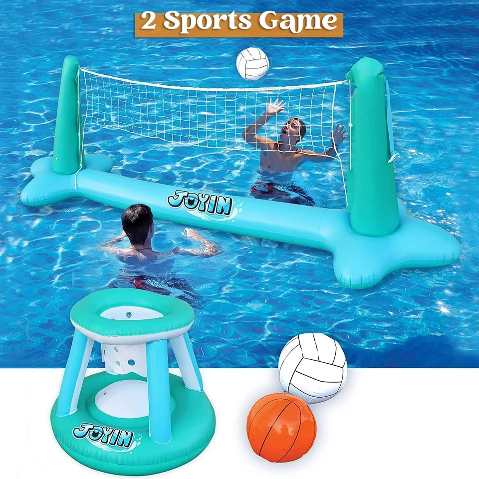 JOYIN 2 Juegos Inflables Piscina Flotador Red Voleibol y Aros de Baloncesto. Foto 1 de 4
