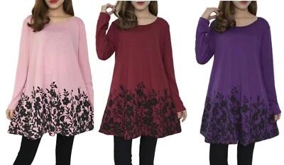 Womens Casual Tunic Tops Long Sleeve t shirts Round Neck Floral Print 16 - 18 - Image 1 of 2