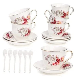  18 Pack Tea Cups and Saucers, Floral Tea Cups Set of 6, Porcelain Tea Set  - Picture 1 of 8