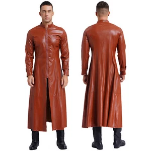 Mens Windproof Jackets Driving Faux Leather Trench Coat Street Look Long Coat - Picture 1 of 72