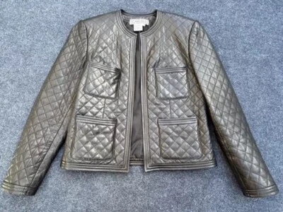 Vintage CARLISLE Quilted Leather Jacket in Black Open Front Size 10 Flaw - Image 1 of 4