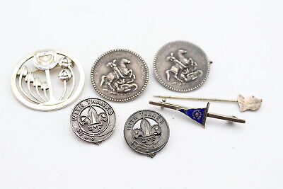 7 X Antique / Vintage Stamped .925 STERLING SILVER Pin & Lapel Badges (40g) • 0.99£