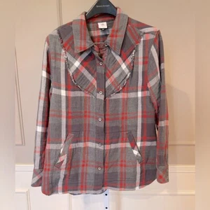 CAbi Tavern 4164 plaid shacket shirt Large thick gray red white flannel pockets - Picture 1 of 7