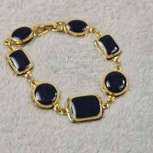 Vintage Cabochon Link Bracelet Navy Blue Gold Tone Nautical 80s Power Dressing - Picture 1 of 8