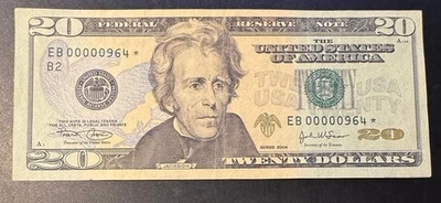 Low 3 Digit Star Note   Serial Number $20  5 Leading 0s EB00000964* - Image 1 of 2