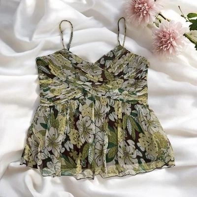 Green Floral Silk Babydoll Tank Top Fairy Ethereal Whimsy Dreamy Boho Y2K Size M - Image 1 of 4