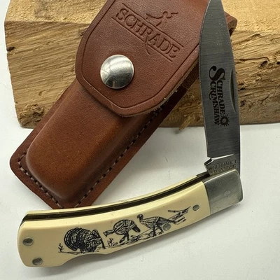 Navaja de bolsillo Schrade + Scrimshaw Wild Turkey 515 SC EE. UU. de colección Foto 1 de 4