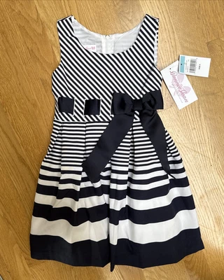 NUEVO CON ETIQUETAS BONNIE JEAN Niñas Clásico Marinero Vestido a Rayas Talla 5 Azul Marino/Blanco Lazo NUEVO Foto 1 de 4