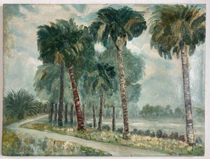 Antique Original Oil Painting Florida Landscape Palm Trees Water Canvas 12 X 16" - Picture 1 of 19