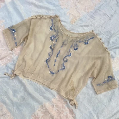 Blusa Top Antigua Eduardiana Años 1910 1920 Bordada Crema Seda Gasa Talla S/M Foto 1 de 4
