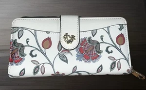 Brand New White Floral Large Wallet Tan Inside Zipper Closure - Picture 1 of 7