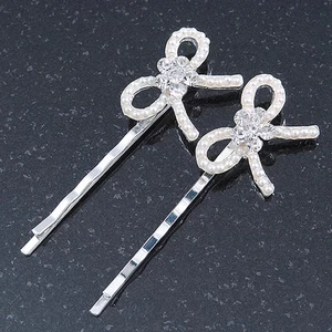 2 Bridal/ Prom Crystal, Simulated Pearl 'Bow' Hair Grips/ Slides In Rhodium - Picture 1 of 4