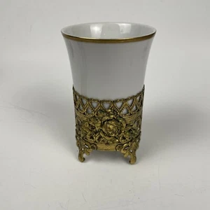 Vintage Matson Gold Tone Pweter Footed Holder With Porcelain Cup - Picture 1 of 10