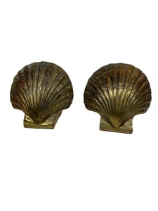 Vtg  Pair Brass Gold Scallop Shell Nautical Beach Coastal Bookends Book Holders - Picture 1 of 12
