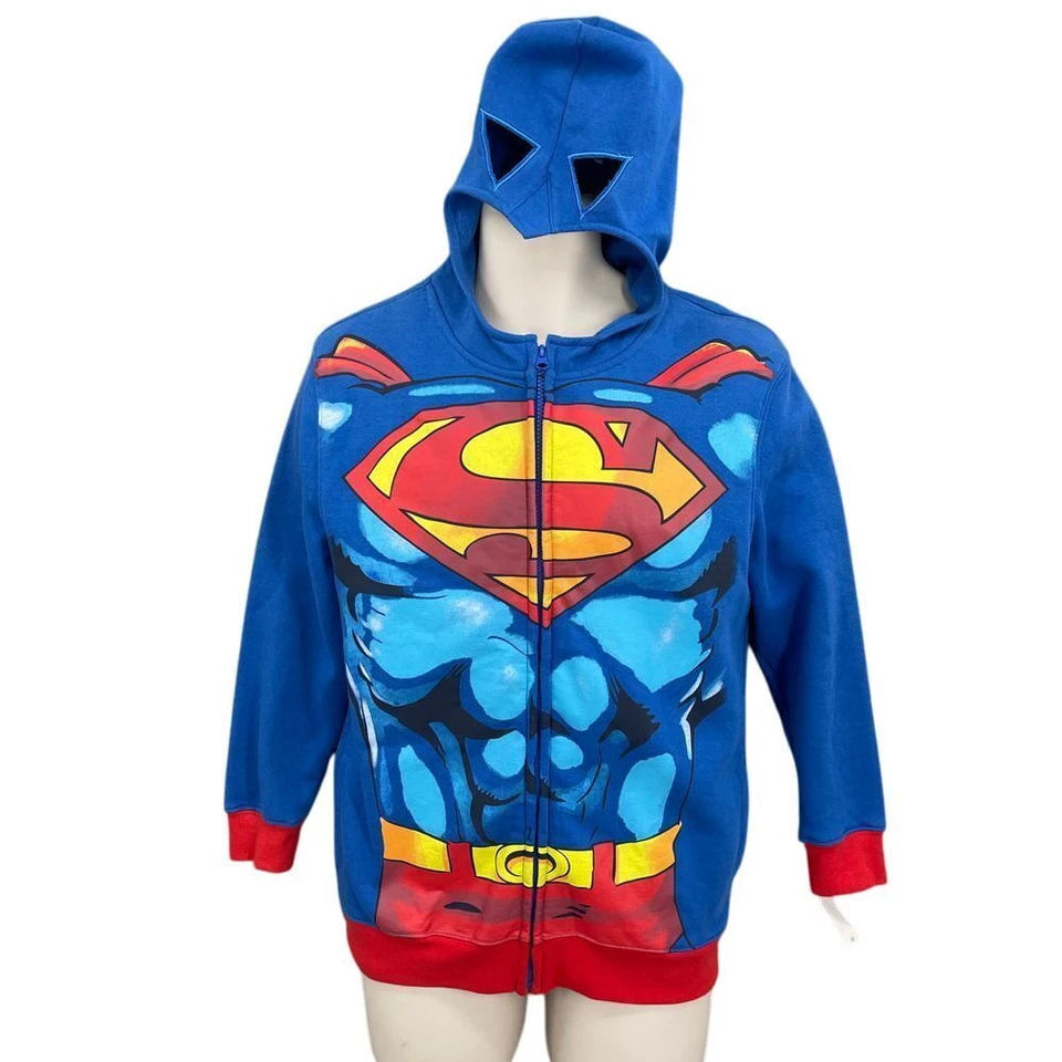DC Comics Superman Jacket Boy L 10/12 Blue Full Zip Hoodie Muscle Sweatshirt - Image 1 of 4
