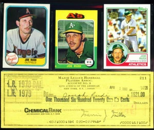JOE RUDI Athletics signed '80 MLBPA strike check + 3 Joe Rudi cards & Photo - Picture 1 of 3