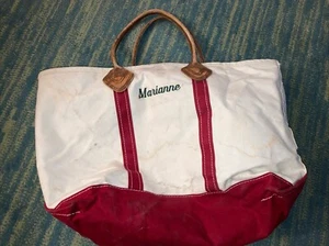 Vintage Large Zipper LL Bean boat tote bag Leather Handles Red Trim MARIANNE - Picture 1 of 13