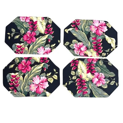 Handmade Quilted Black & Pink Tropical Placemats Set of 4 Hibiscus Florida - Image 1 of 3