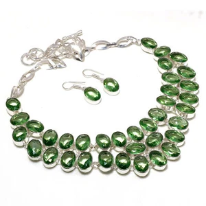 Faceted Green Amethyst Gemstone Antique 925 Sterling Silver Necklace+ Earring M2 - Picture 1 of 6