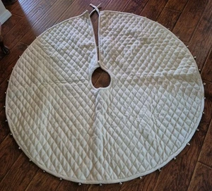 Pottery Barn Tree Skirt 60"D Quilted Ivory w Bells Christmas Classic - Picture 1 of 5