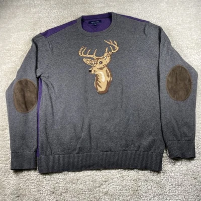 Tommy Hilfiger Sweater Mens 2XL Gray Purple Deer Graphic Elbow Patch Pullover - Image 1 of 4