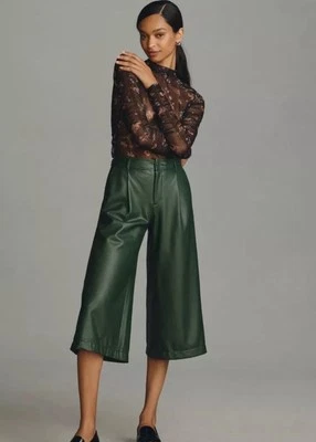 Anthropologie Pants 10 Culottes Faux Leather Wide Leg Dark Green Cropped $128 - Image 1 of 4