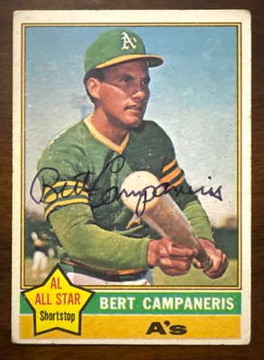 Tarjeta de béisbol 1976 Topps BERT CAMPANERIS autografiada #580 A'S Foto 1 de 2