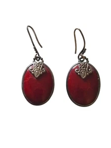 Handmade Sterling Silver Red Coral  Earrings Signed A.F 925 Boho Filigree Oval - Picture 1 of 4