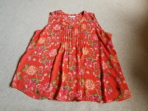 Womens Top-ROSE + OLIVE-coral/greenfloral silky 1/4 button pintucked tunic-2X - Picture 1 of 5
