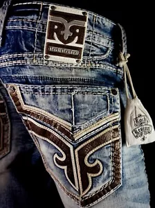 $220 Mens Rock Revival Jeans "Esteban" Thick Leather Inserts Slim Boot 30 X 31 - Picture 1 of 16