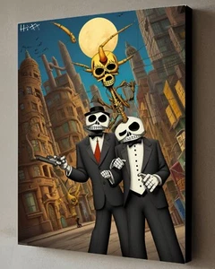 Mexican Calavera Art Painting w/COA - Framed Canvas 40X30cm signed Hitt - Picture 1 of 2
