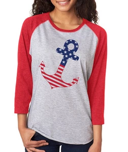 AMERICAN FLAG ANCHOR stars stripes nautical 4th of July Women's 3/4 Sleeve Tee - Picture 1 of 1