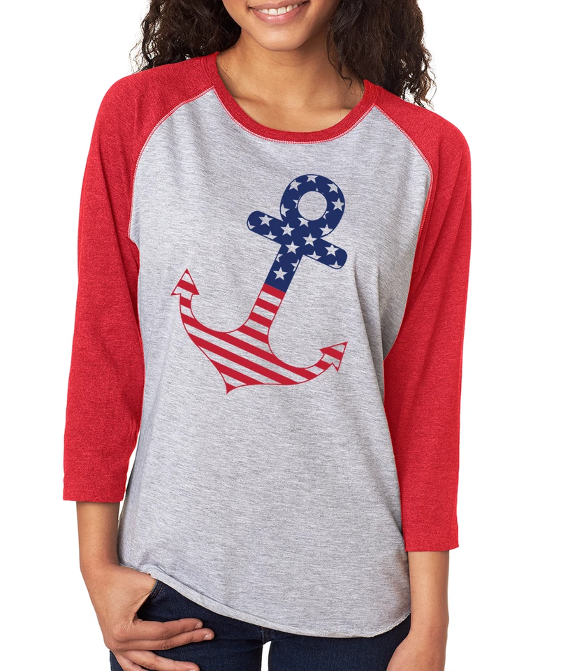 Camiseta para mujer AMERICAN FLAG ANCHOR estrellas rayas náuticas 4 de julio manga 3/4 Foto 1 de 1