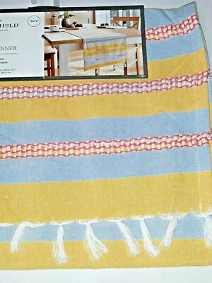 Threshold Table Runners 14" x 72"  Blue Gold Peach Dining Room Linen Cotton - Image 1 of 2