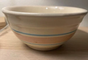 VTG Ovenproof USA Pottery Bowl 7 1/2 Diameter 3 3/4in Tall Pink&blue Stripes - Picture 1 of 2