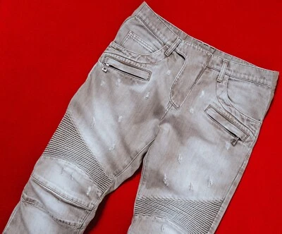 Calça jeans masculina de motociclista BALMAIN bege com nervuras desgastada tamanho 30/W32 cinza - Imagem 1 de 4