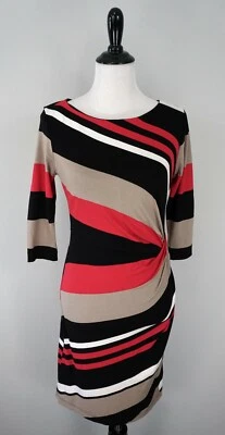 GABBY SKYE Red Tan Black Striped Side Cinch Waist Stretch Career Dress Size 4 - Image 1 of 4