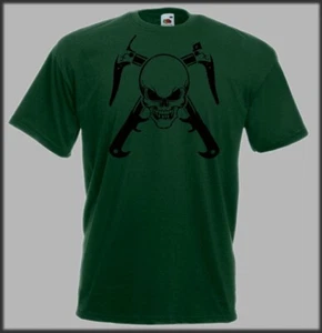 GREEN CLIMBING ICE AXE SKULL MOUNTAINEERING PRINTED T SHIRT CLIMB WITH GIFT BAG - Picture 1 of 1
