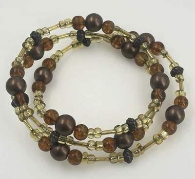 Bronze & Amber Color Glass Beaded Womens Memory Wire Bracelet - Image 1 of 4