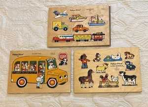 VTG FISHER PRICE WOODEN PUZZLES #507 FARM ANIMALS #515 SCHOOL BUS #508 VEHICLES - Picture 1 of 6