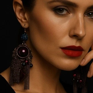 VINTAGE CHICO’S BRASS FILIGREE STATEMENT EARRINGS PURPLE CABOCHONS MULTICOLOR - Picture 1 of 11