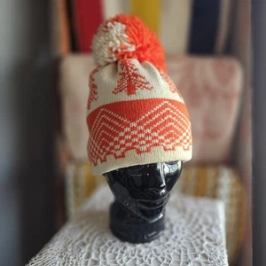 Vintage Orange Elfenbein Weiß Baum 100% Wolle Roasty Toasty Handschuh und Mütze Beanie - Bild 1 von 5