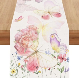 Linen Watercolor Flowers Butterfly Spring Table Runner 72 Inches Long Spring Sum - Picture 1 of 6
