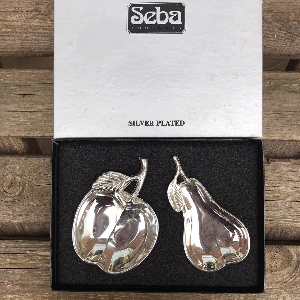 Vtg Silver Plated Seba Fruit Trinket Dishes Pear Apple Decor W/ Original Package - Image 1 of 4