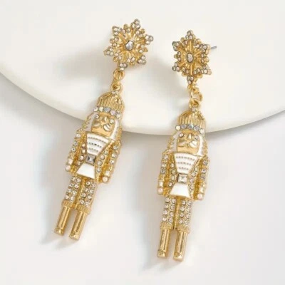 Nutcracker Earring Snow Flake White -Gold Fashion Christmas Women Holiday Ballet - Image 1 of 2