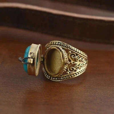 Natural Turquoise poison ring. Gold Turquoise Oval hidden box ring.Handmade ring - Image 1 of 4