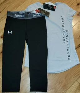 Under Armour gray logo top & black cropped capri leggings NWT girls' L YLG - Picture 1 of 2