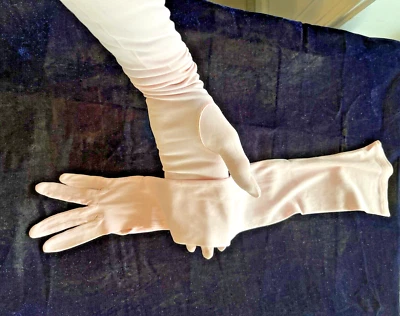 GORGEOUS 1950S GLAM LIGHT PINK LONG EVENING GLOVES, BY "ARIS"  USA SIZE 7 - Image 1 of 4