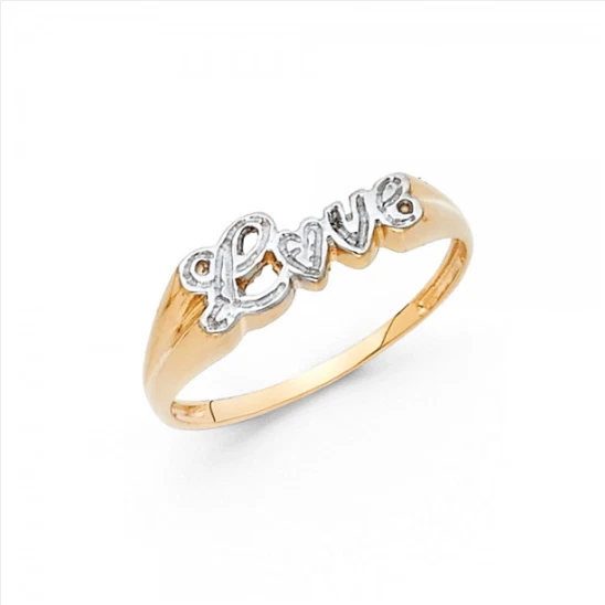 14K Solid Yellow White Gold Love Ring - Heart Finger Band Women - Image 1 of 1